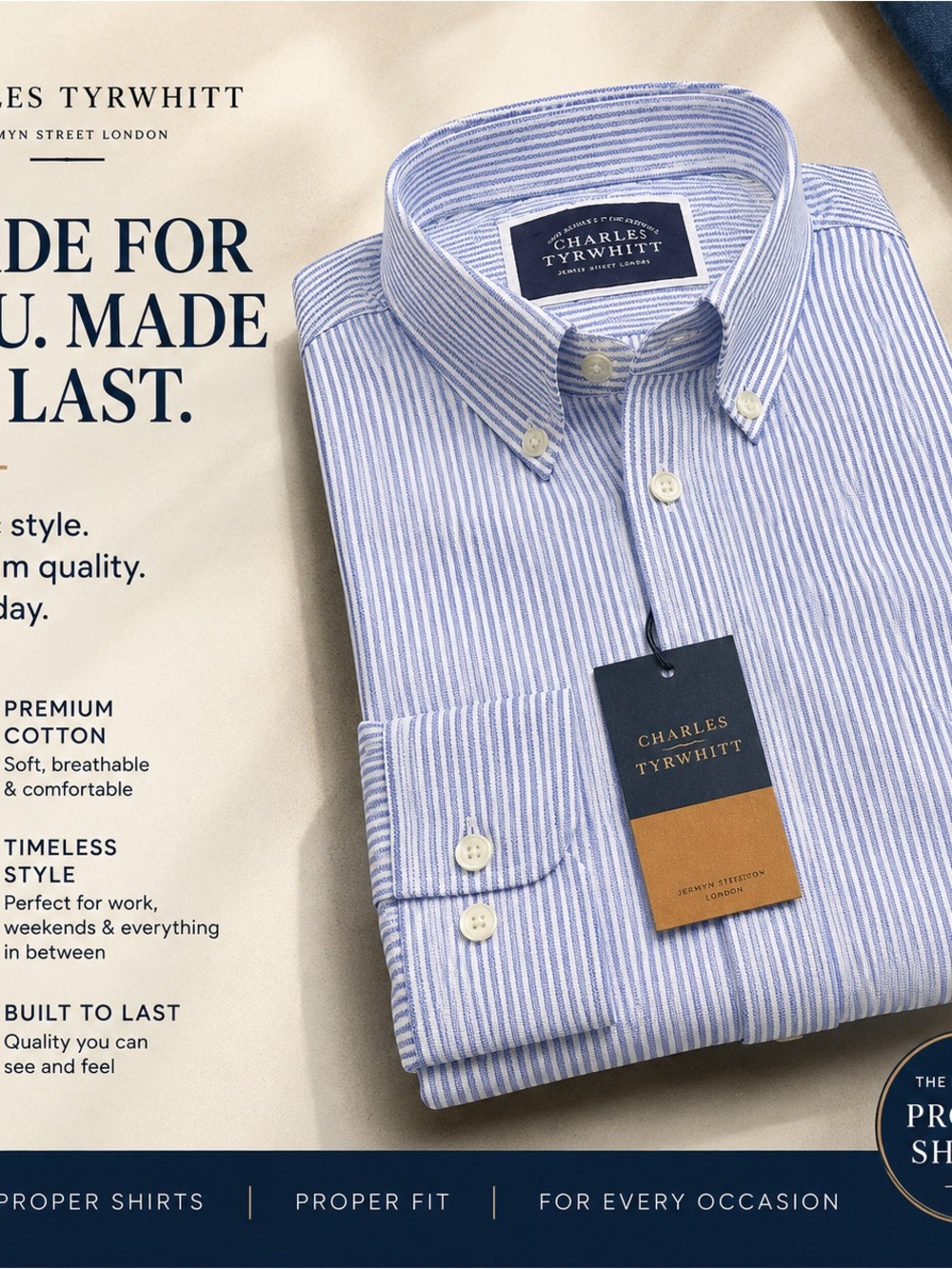 Charles Tyrwhitt Light Blue and White Narrow-Striped Button-Down Shirt